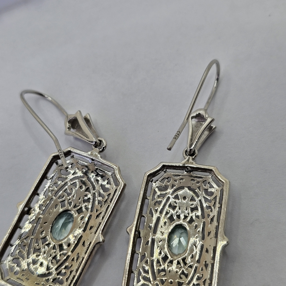 Art Deco Style Green Spinel & White Zircon Earrings Sterling Silver - Picture 4 of 6